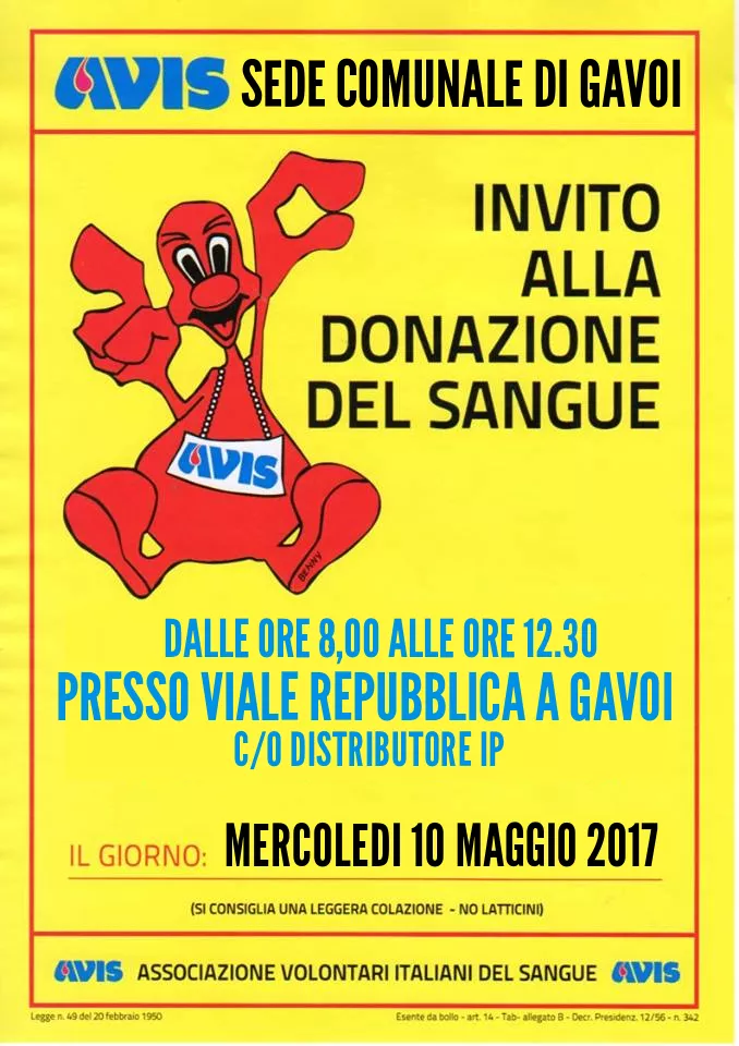 MERCOLEDI 10 MAGGIO DONAZIONE DEL SANGUE A GAVOI