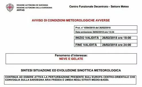 ALLERTA METEO NEVE E GELO DAL 26 AL 28 FEBBRAIO A GAVOI