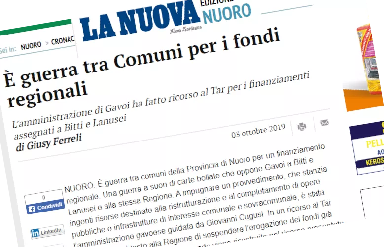 IL COMUNE DI GAVOI FA RICORSO AL TAR