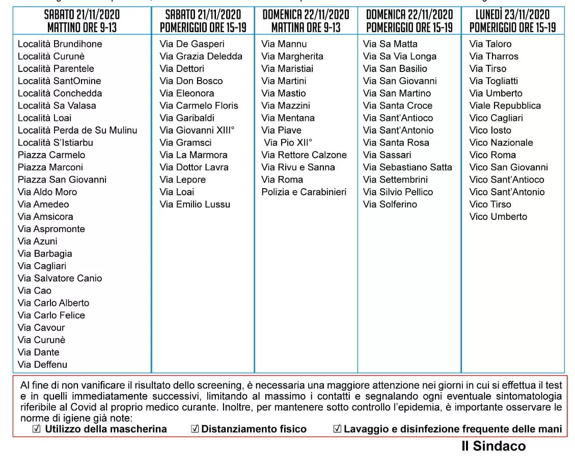 Calendario Tamponi Di.massa Gavoi