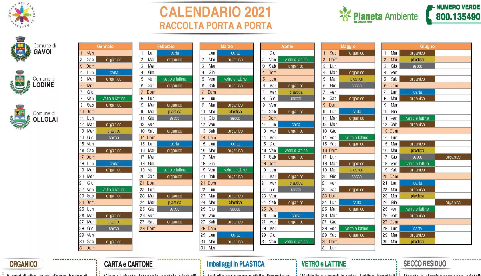 IL NUOVO CALENDARIO 2021 DELLA RACCOLTA PORTA A PORTA A GAVOI