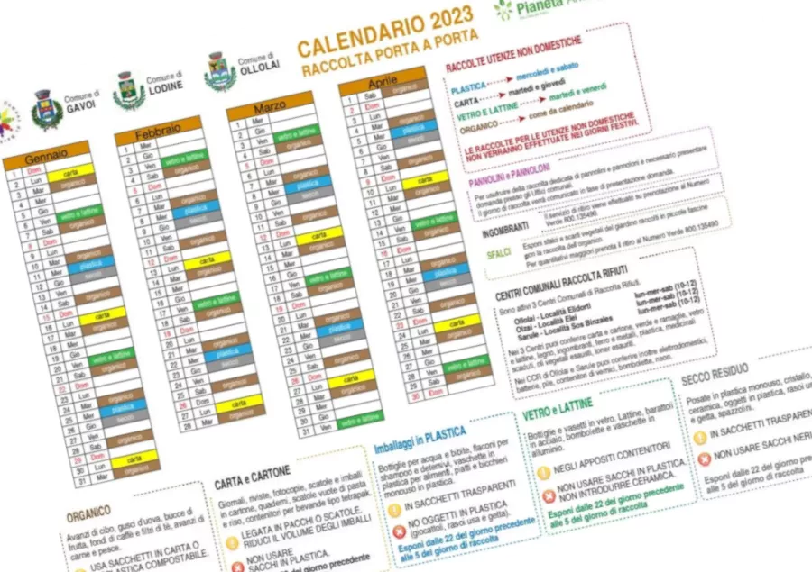 CALENDARIO 2023 RACCOLTA PORTA A PORTA a GAVOI